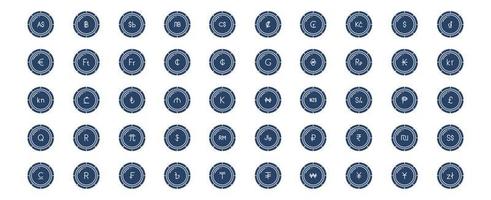 Collection of icons related to Currency coins, including icons like Dollar, Euro, Yen,  and more. vector illustrations, Pixel Perfect set