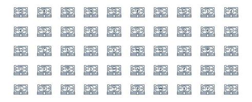 Collection of icons related to Currency and money, including icons like Dollar, Euro, Yen,  and more. vector illustrations, Pixel Perfect set