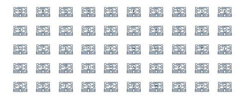 Collection of icons related to Currency and money, including icons like Dollar, Euro, Yen,  and more. vector illustrations, Pixel Perfect set