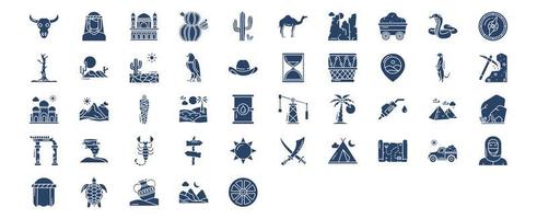 Collection of icons related to Desert, including icons like Animal Skull, Bedouin, Cactus, Camel and more. vector illustrations, Pixel Perfect set