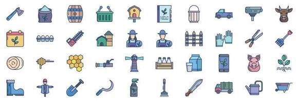 Collection of icons related to Farming and agriculture, including icons like Axe, Barrel, basket, Book and more. vector illustrations, Pixel Perfect set