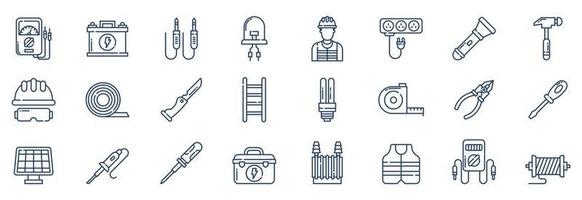 Collection of icons related to Electrician, including icons like Ammeter, Battery, Cable, Diode and more. vector illustrations, Pixel Perfect set