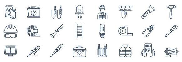 Collection of icons related to Electrician, including icons like Ammeter, Battery, Cable, Diode and more. vector illustrations, Pixel Perfect set