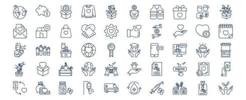 Collection of icons related to Donation and Charity, including icons like Gift, Like, Dress and more. vector illustrations, Pixel Perfect set