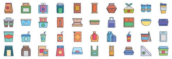 Collection of icons related to Food Packaging, including icons like Burger package, Bottle package, Chips Package and more. vector illustrations, Pixel Perfect set