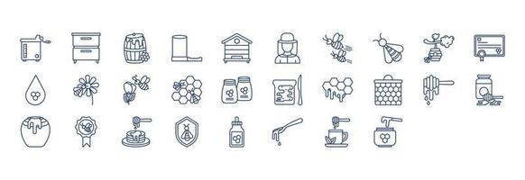 Collection of icons related to Honey bee farming, including icons like Apiary, Barrel, Drop and more. vector illustrations, Pixel Perfect set
