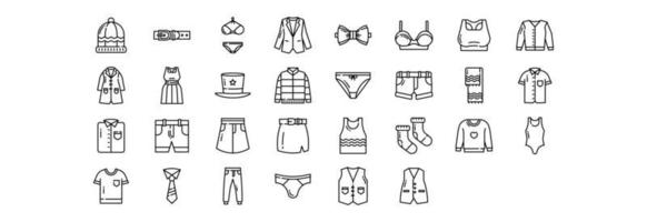 Collection of icons related to Clothes and dress, including icons like Beanie, Belt, Blazer, Bow and more. vector illustrations, Pixel Perfect set