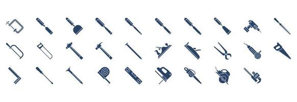 Collection of icons related to Carpentry tools, including icons like Clipper, Cutting tool, File and more. vector illustrations, Pixel Perfect set