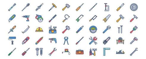 Collection of icons related to Carpentry tools, including icons like Bradawl, Axe, Drill, Circular Saw and more. vector illustrations, Pixel Perfect set