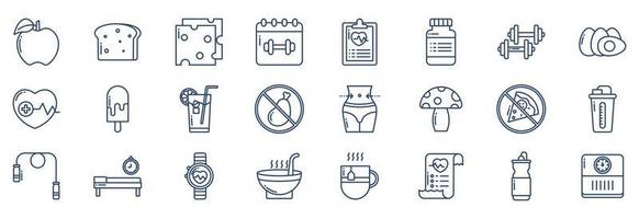 Collection of icons related to Diet And Nutrition, including icons like Apple, Bread, Cheese, Drug and more. vector illustrations, Pixel Perfect set