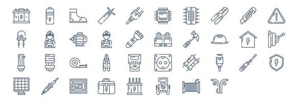 Collection of icons related to Electrician, including icons like Accumulator, Battery, Boots, Cpu and more. vector illustrations, Pixel Perfect set