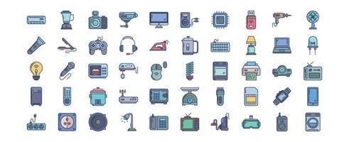 colección de íconos relacionados con dispositivos eléctricos y electrodomésticos, incluidos íconos como monitor, proyector, mouse y más. ilustraciones vectoriales, conjunto perfecto de píxeles vector