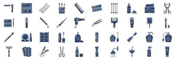 Collection of icons related to Cosmetics and beauty products, including icons like Blush Palette, brush, Comb, Cotton Buds and more. vector illustrations, Pixel Perfect set