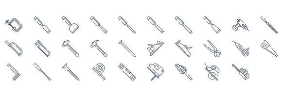 Collection of icons related to Carpentry tools, including icons like Clipper, Cutting tool, File and more. vector illustrations, Pixel Perfect set