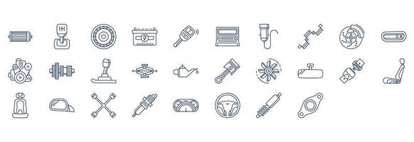 Collection of icons related to Car parts and automobile, including icons like Air filter, Baring, Car battery and more. vector illustrations, Pixel Perfect set