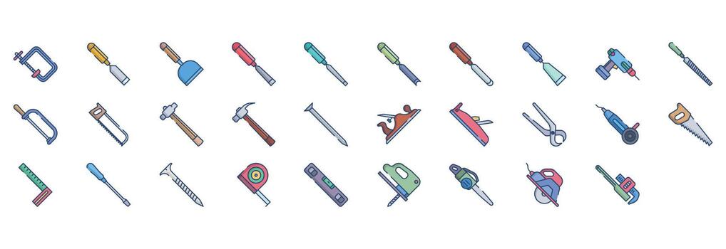 Collection of icons related to Carpentry tools, including icons like Clipper, Cutting tool, File and more. vector illustrations, Pixel Perfect set