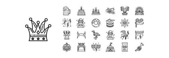 Collection of icons related to Carnival, including icons like Beer, Cake, Candles and more. vector illustrations, Pixel Perfect set