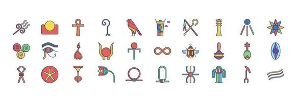 Collection of icons related to Egyptian symbols, including icons like Air, Fire, God and more. vector illustrations, Pixel Perfect set