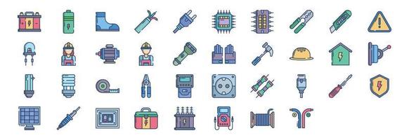 Collection of icons related to Electrician, including icons like Accumulator, Battery, Boots, Cpu and more. vector illustrations, Pixel Perfect set