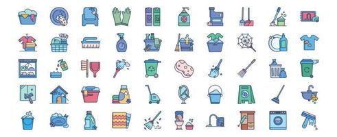 Collection of icons related to Cleaning and hygiene, including icons like Brush, bucket, Broom and more. vector illustrations, Pixel Perfect set