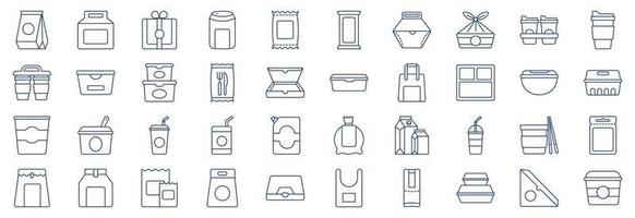 Collection of icons related to Food Packaging, including icons like Burger package, Bottle package, Chips Package and more. vector illustrations, Pixel Perfect set