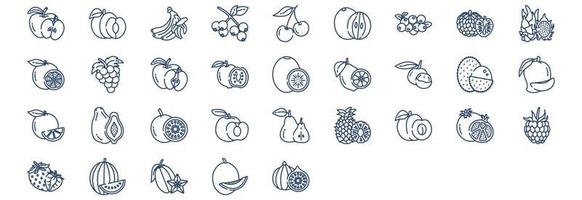 Collection of icons related to Fruits, including icons like apple, banana, grape, pomegranate, and more. vector illustrations, Pixel Perfect set