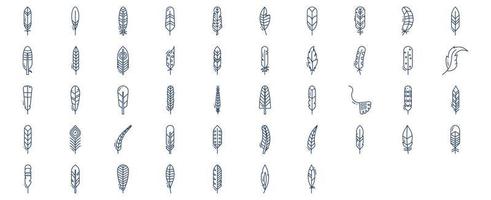 Collection of icons related to Feather and quill, including icons like Peacock feather, Parrot feather, Pigeon feather and more. vector illustrations, Pixel Perfect set