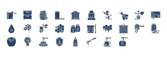 Collection of icons related to Honey bee farming, including icons like Apiary, Barrel, Drop and more. vector illustrations, Pixel Perfect set