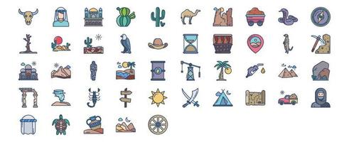 Collection of icons related to Desert, including icons like Animal Skull, Bedouin, Cactus, Camel and more. vector illustrations, Pixel Perfect set