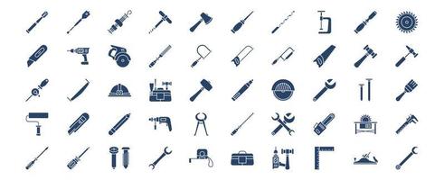 Collection of icons related to Carpentry tools, including icons like Bradawl, Axe, Drill, Circular Saw and more. vector illustrations, Pixel Perfect set