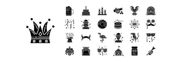 Collection of icons related to Carnival, including icons like Beer, Cake, Candles and more. vector illustrations, Pixel Perfect set