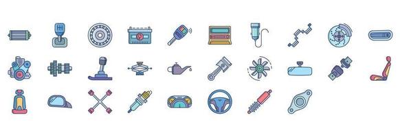 Collection of icons related to Car parts and automobile, including icons like Air filter, Baring, Car battery and more. vector illustrations, Pixel Perfect set