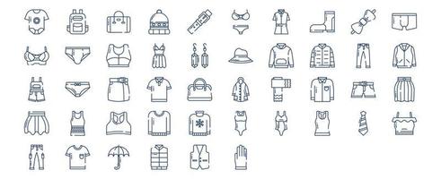 Collection of icons related to Fashion and clothes, including icons like Backpack, dress, Beanie, Bag and more. vector illustrations, Pixel Perfect set