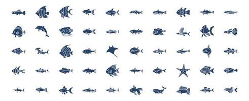 Collection of icons related to Fishes, including icons like Dolphin, Star Fish, Whale, Shark Fish and more. vector illustrations, Pixel Perfect set