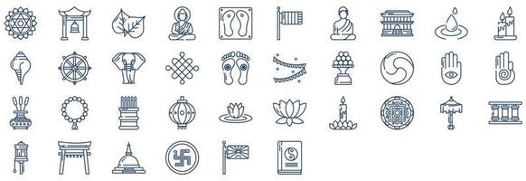 Collection of icons related to Buddhism, including icons like Bell, Flag, Monk  and more. vector illustrations, Pixel Perfect set