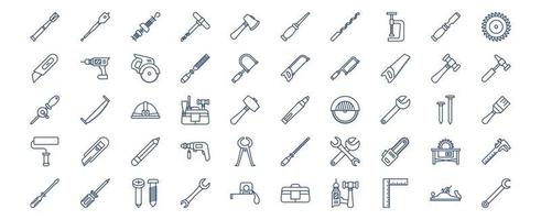 Collection of icons related to Carpentry tools, including icons like Bradawl, Axe, Drill, Circular Saw and more. vector illustrations, Pixel Perfect set