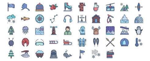 Collection of icons related to Alaska, including icons like Camping,  Snow, Constellation, Igloo and more. vector illustrations, Pixel Perfect set