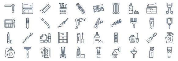 Collection of icons related to Cosmetics and beauty products, including icons like Blush Palette, brush, Comb, Cotton Buds and more. vector illustrations, Pixel Perfect set