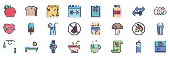 Collection of icons related to Diet And Nutrition, including icons like Apple, Bread, Cheese, Drug and more. vector illustrations, Pixel Perfect set