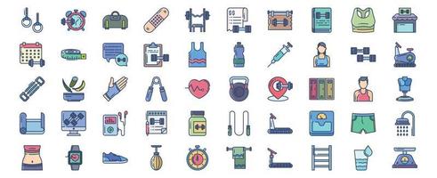 Collection of icons related to Fitness and gym, including icons like Alarm, Expander, Dumbbells and more. vector illustrations, Pixel Perfect set