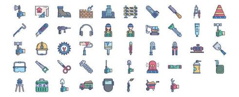 Collection of icons related to Construction tools, including icons like Axe, Blueprint, Brick, Building and more. vector illustrations, Pixel Perfect set