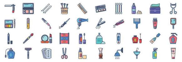 Collection of icons related to Cosmetics and beauty products, including icons like Blush Palette, brush, Comb, Cotton Buds and more. vector illustrations, Pixel Perfect set