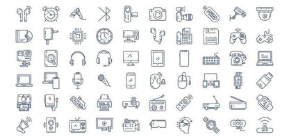 Collection of icons related to Devices and gadgets, including icons like Alarm, Bluetooth, Camera, Chip and more. vector illustrations, Pixel Perfect set