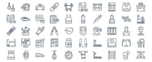 Collection of icons related to Fitness and gym, including icons like Alarm, Expander, Dumbbells and more. vector illustrations, Pixel Perfect set