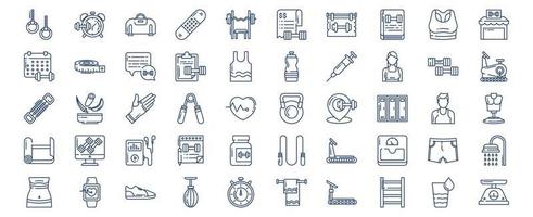 Collection of icons related to Fitness and gym, including icons like Alarm, Expander, Dumbbells and more. vector illustrations, Pixel Perfect set