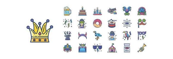 Collection of icons related to Carnival, including icons like Beer, Cake, Candles and more. vector illustrations, Pixel Perfect set