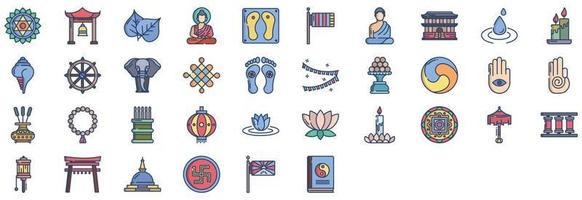 Collection of icons related to Buddhism, including icons like Bell, Flag, Monk  and more. vector illustrations, Pixel Perfect set