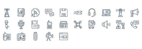 Collection of icons related to Communication, including icons like Antenna, Book, Chat, Diskette and more. vector illustrations, Pixel Perfect set