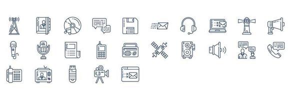 Collection of icons related to Communication, including icons like Antenna, Book, Chat, Diskette and more. vector illustrations, Pixel Perfect set