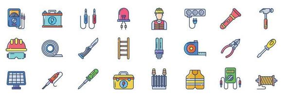 Collection of icons related to Electrician, including icons like Ammeter, Battery, Cable, Diode and more. vector illustrations, Pixel Perfect set